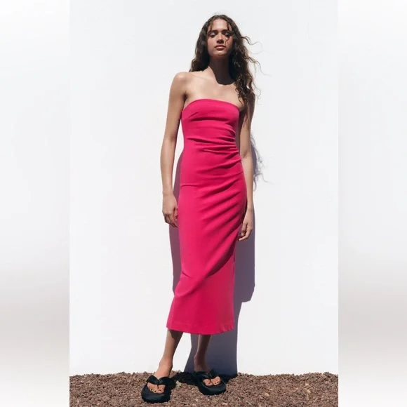 Zara | Dresses | Zara Midi Dress Fuchsia Size S New With